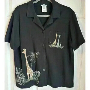 Tapestry Sporte Petite L Button Short Sleeve Collar Shirt Giraffe Embroidered